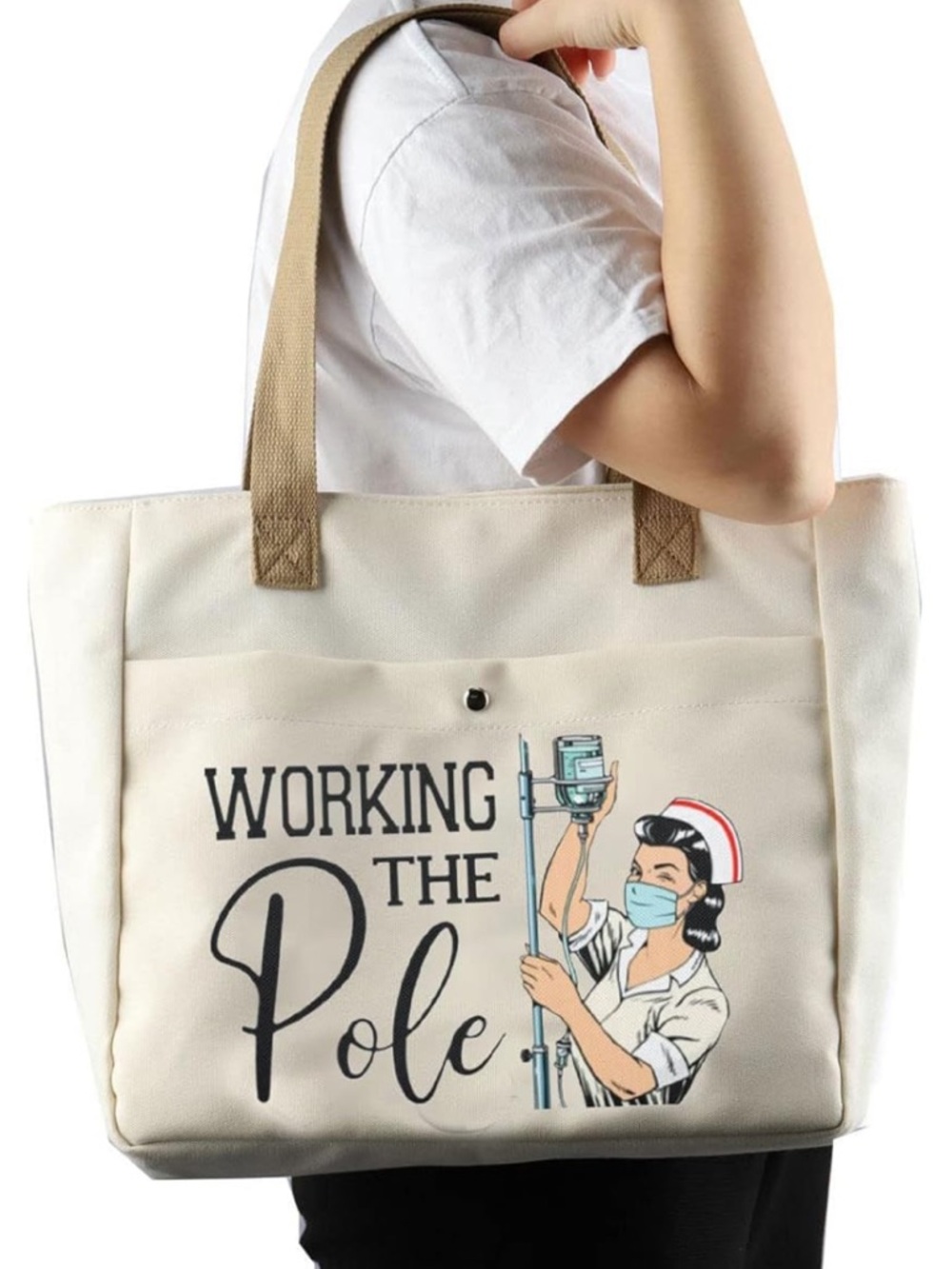 Nurse Canvas Tote Bag – Working the Pole Design in Cream with Tan Handles NWOT